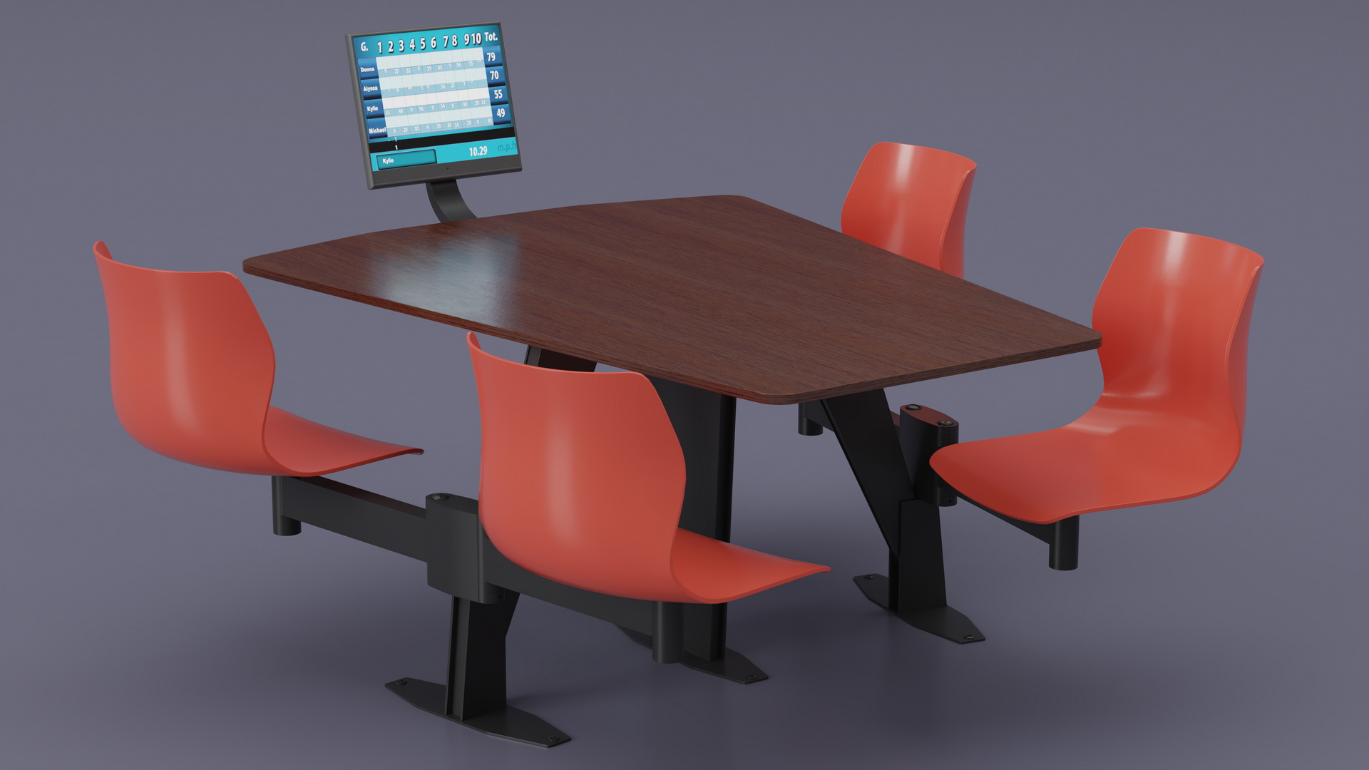 3D Bowling Table with Red Chairs and Monitor