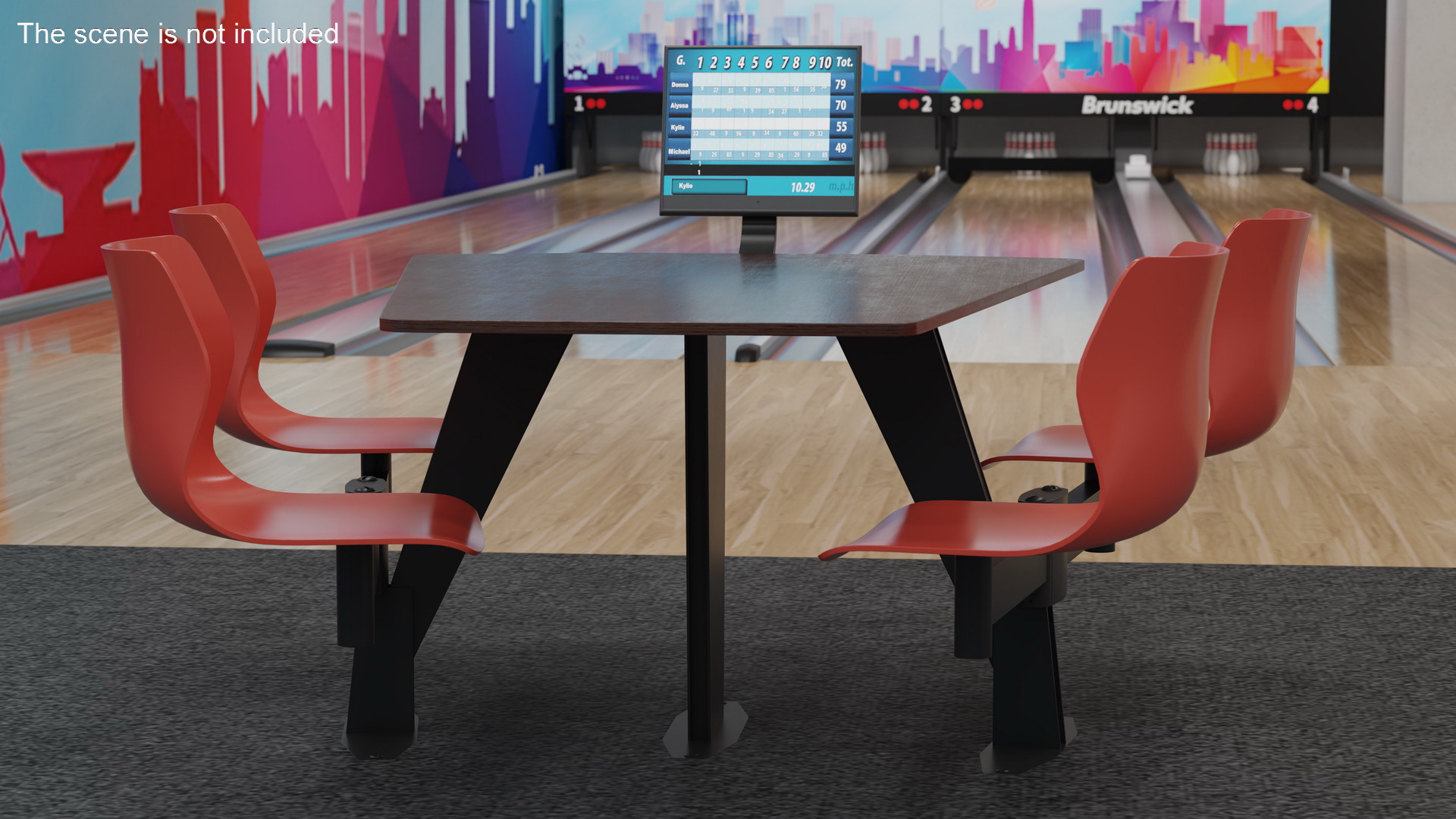 3D Bowling Table with Red Chairs and Monitor
