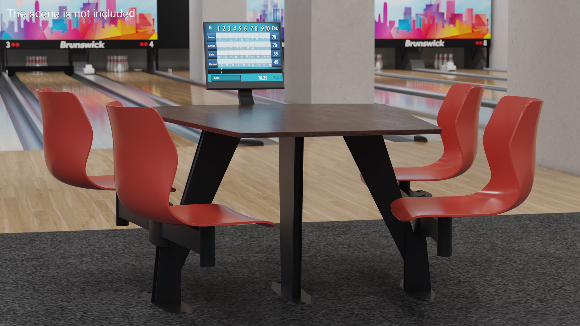 3D Bowling Table with Red Chairs and Monitor