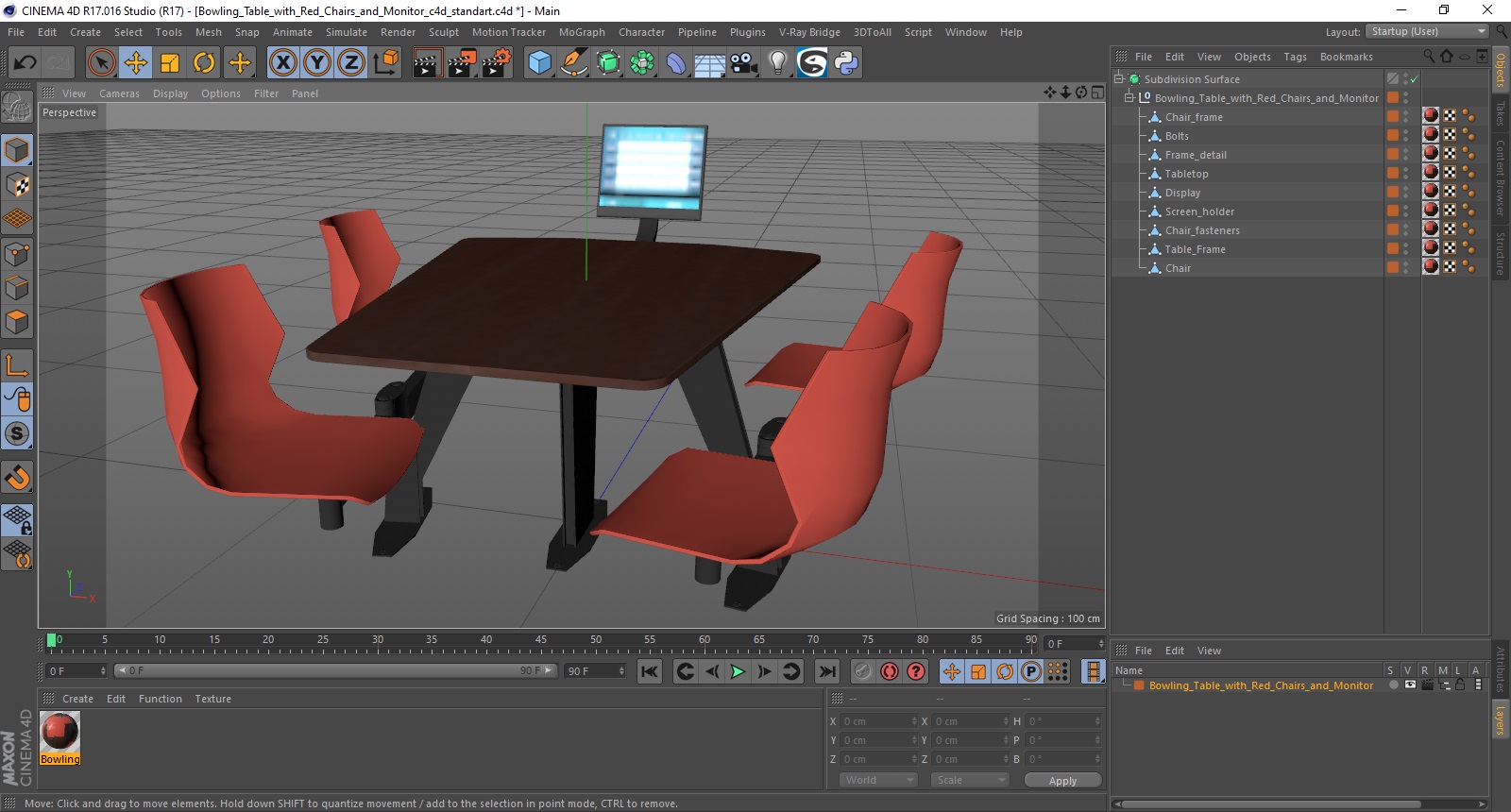 3D Bowling Table with Red Chairs and Monitor