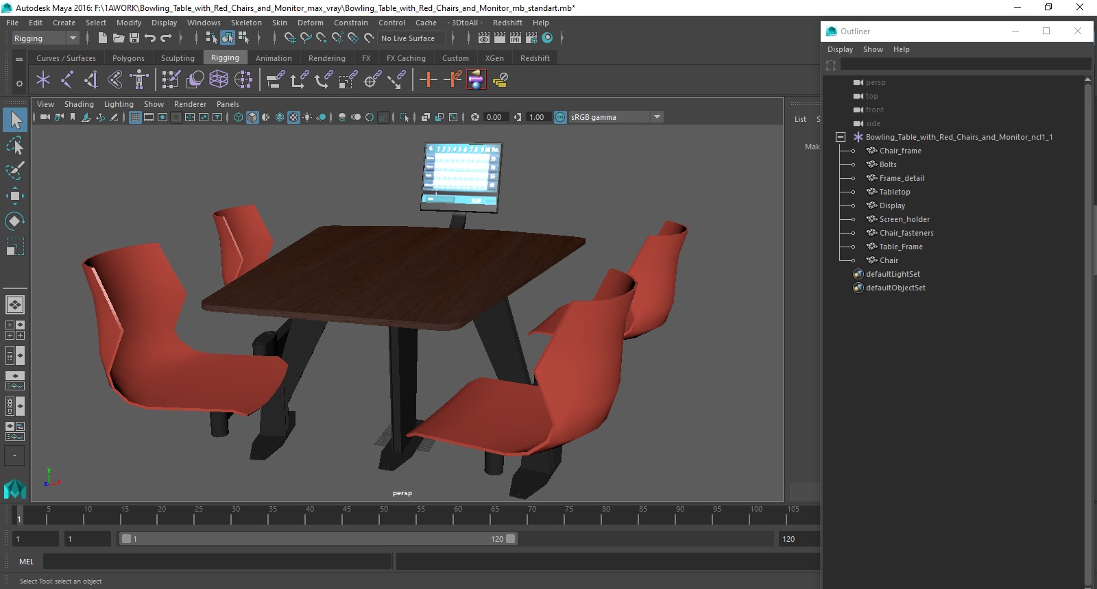 3D Bowling Table with Red Chairs and Monitor