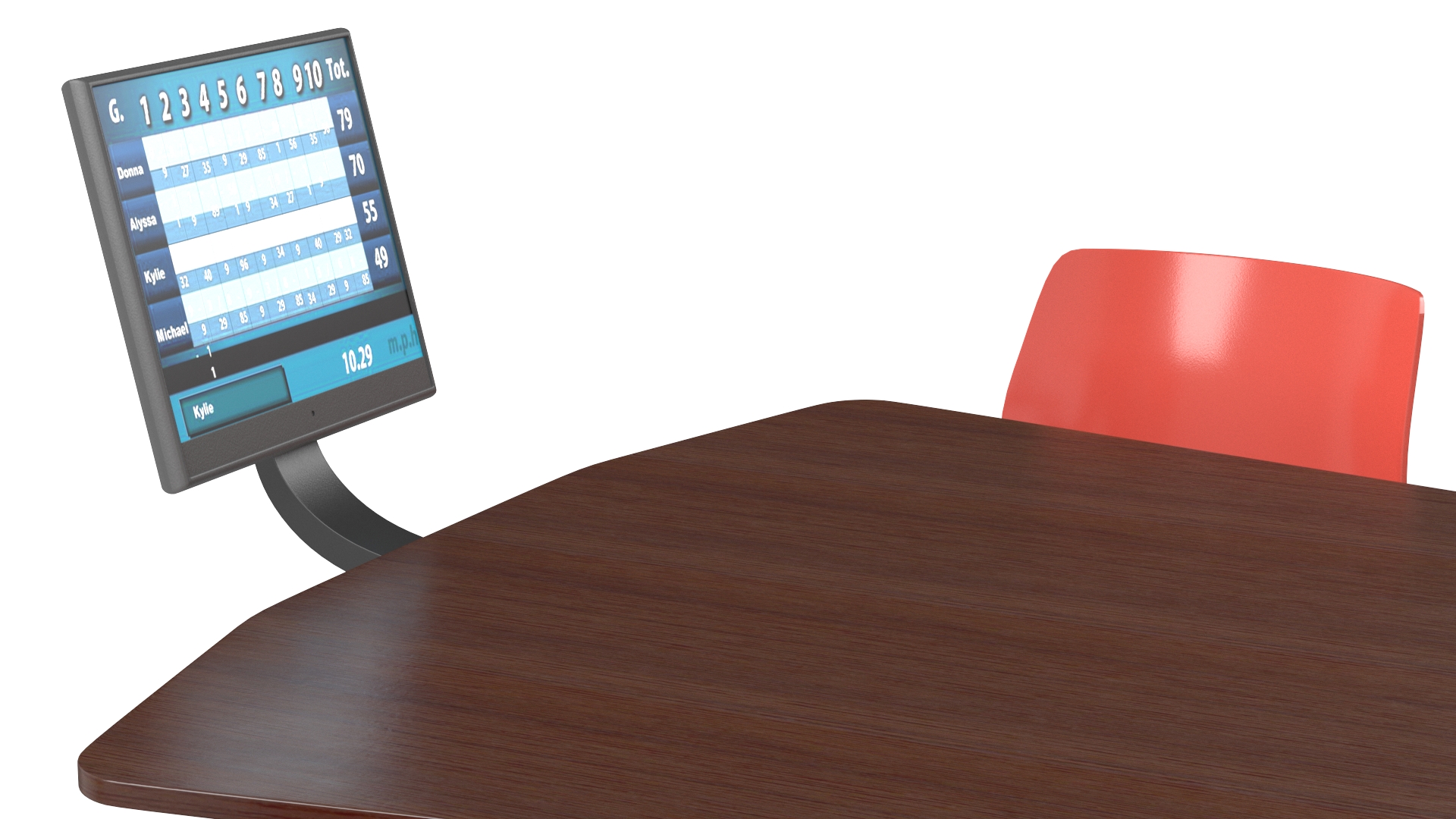 3D Bowling Table with Red Chairs and Monitor