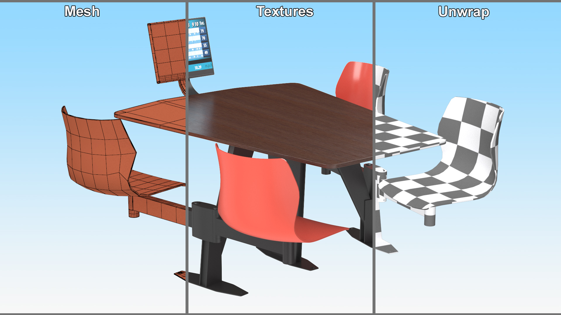 3D Bowling Table with Red Chairs and Monitor