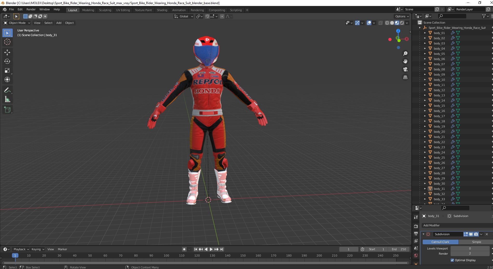 3D model Sport Bike Rider Wearing Honda Race Suit