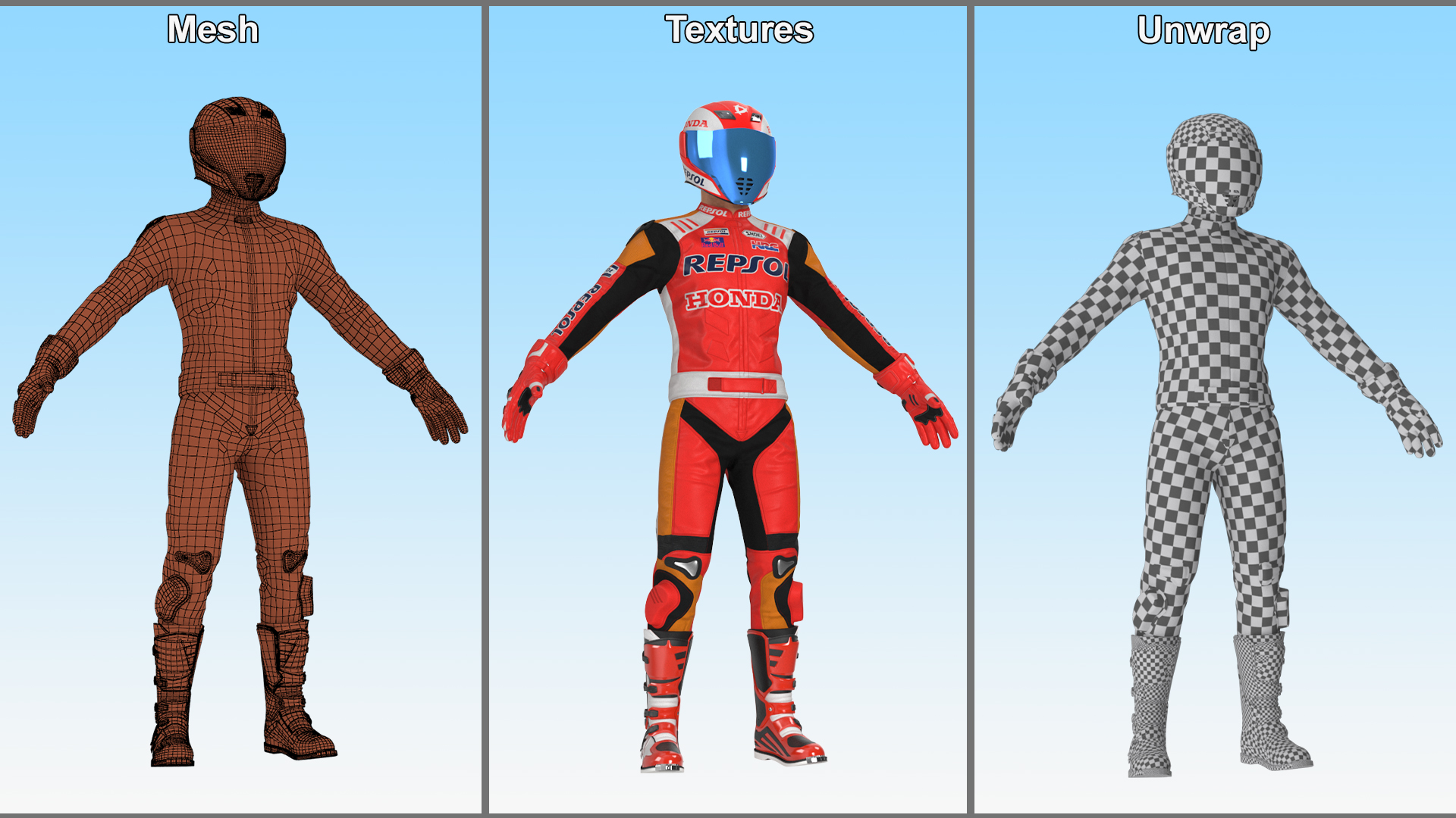 3D model Sport Bike Rider Wearing Honda Race Suit