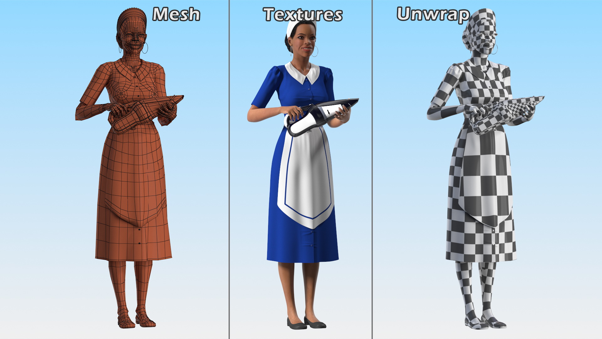 Light Skin Black Maid with Handheld Vacuum Cleaner Rigged 3D