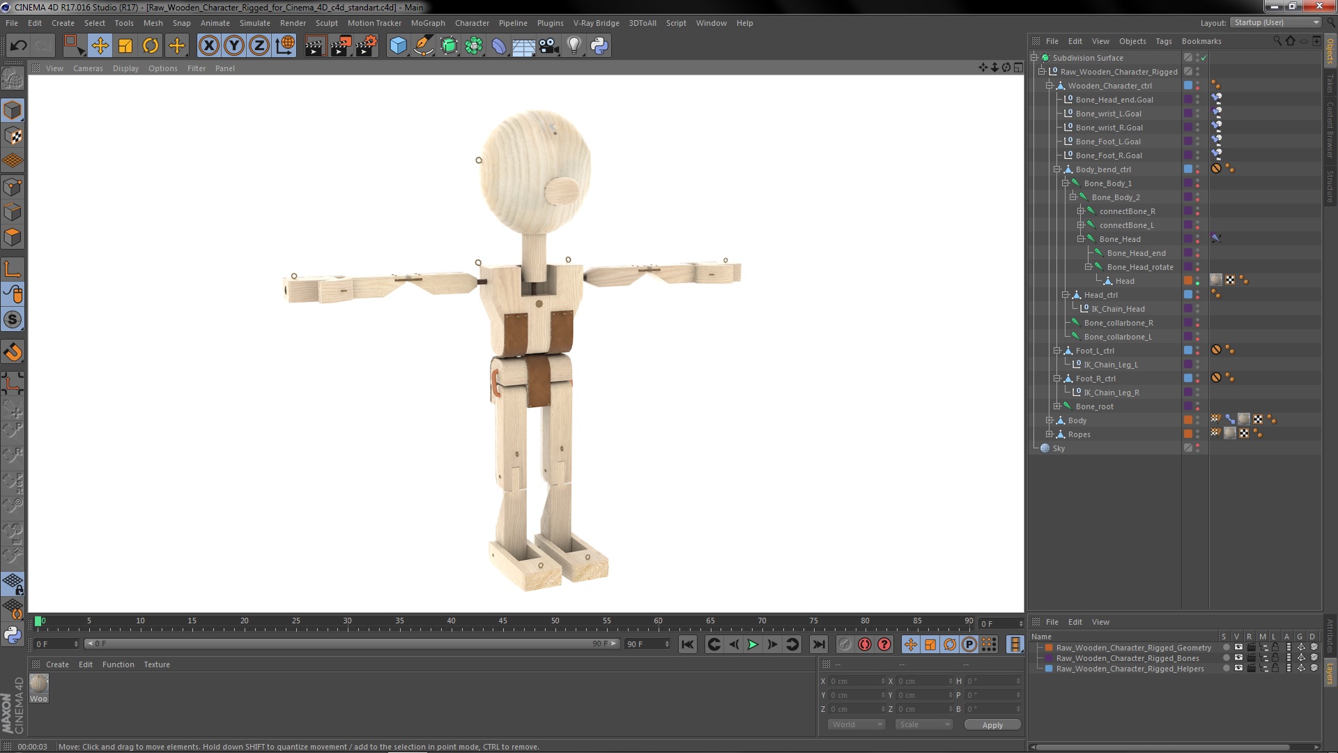 3D Raw Wooden Character Rigged for Cinema 4D
