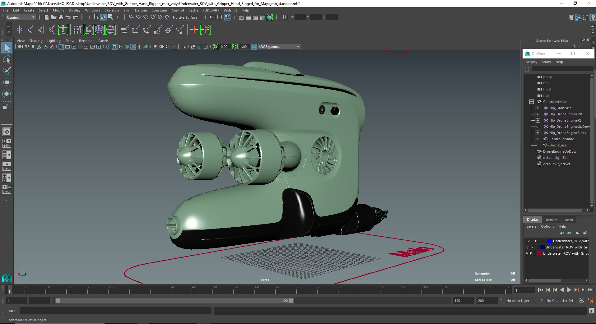 3D Underwater ROV with Gripper Hand Rigged for Maya model