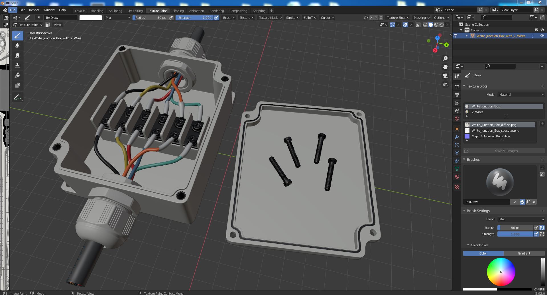 3D White Junction Box with 2 Wires