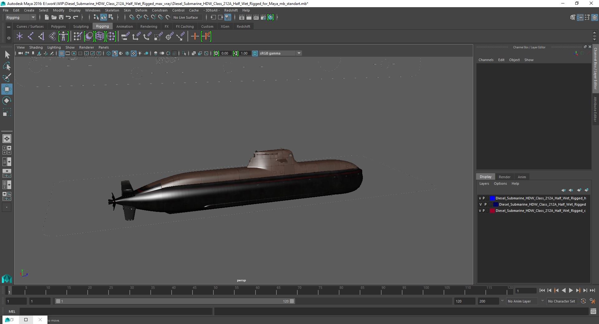 3D Diesel Submarine HDW Class 212A Half Wet Rigged for Maya