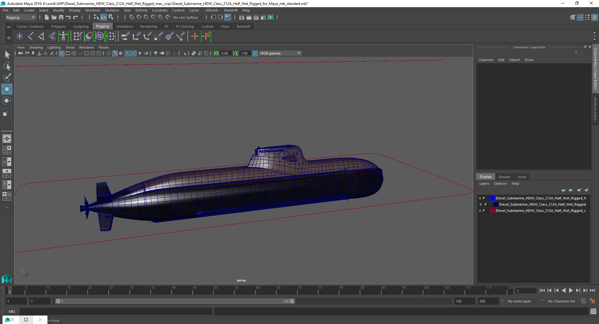 3D Diesel Submarine HDW Class 212A Half Wet Rigged for Maya