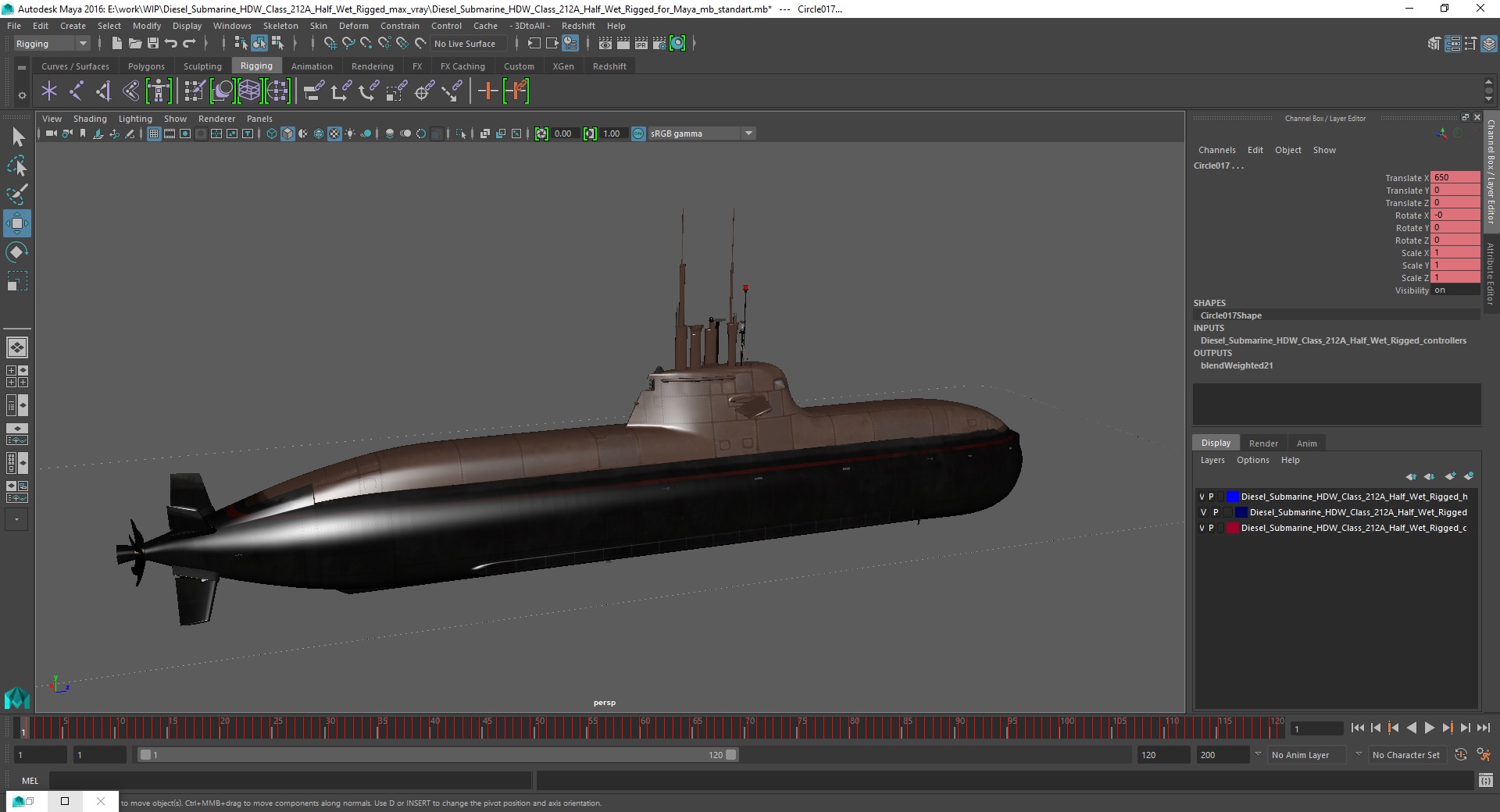 3D Diesel Submarine HDW Class 212A Half Wet Rigged for Maya