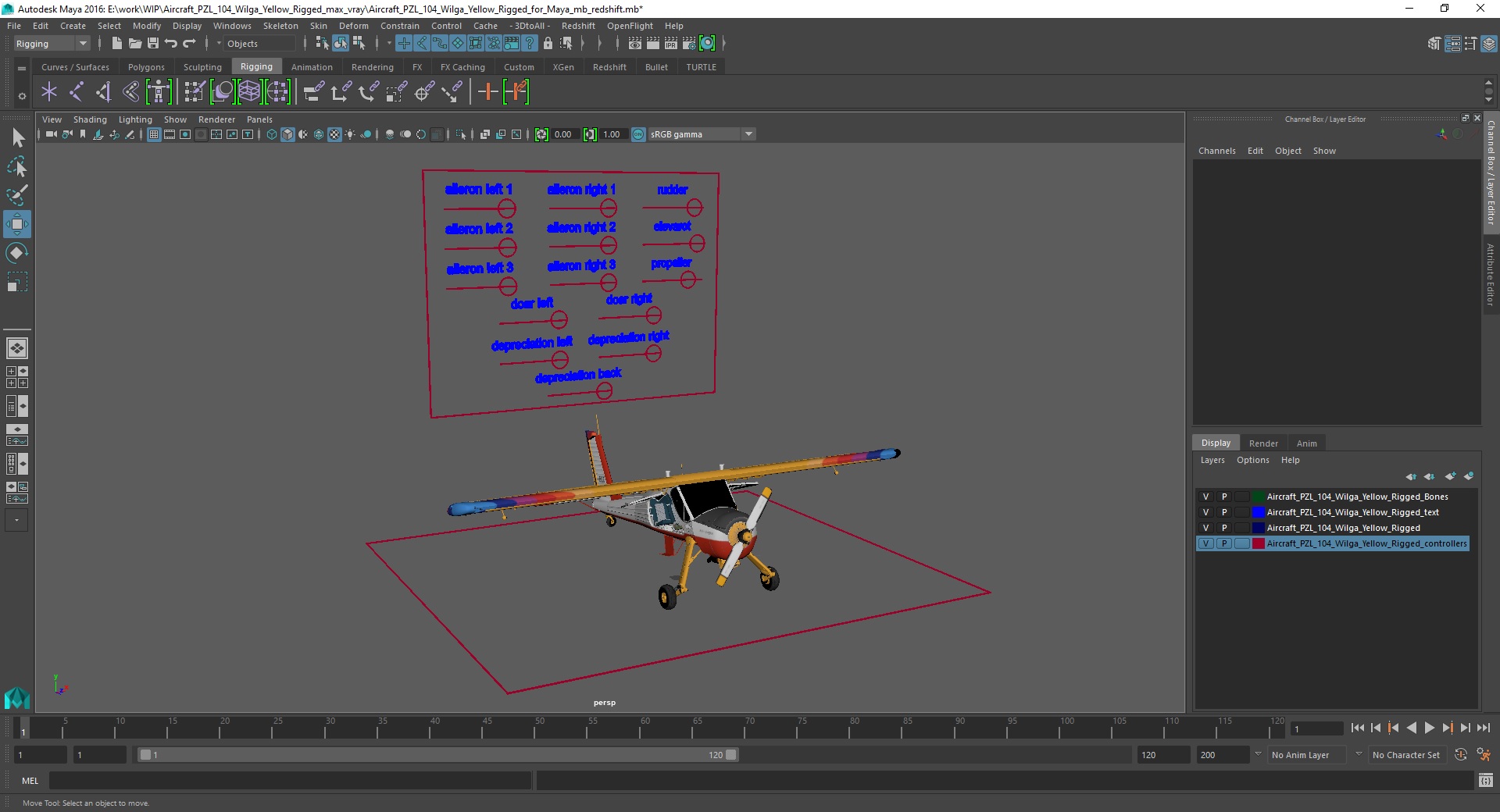 3D model Aircraft PZL 104 Wilga Yellow Rigged for Maya