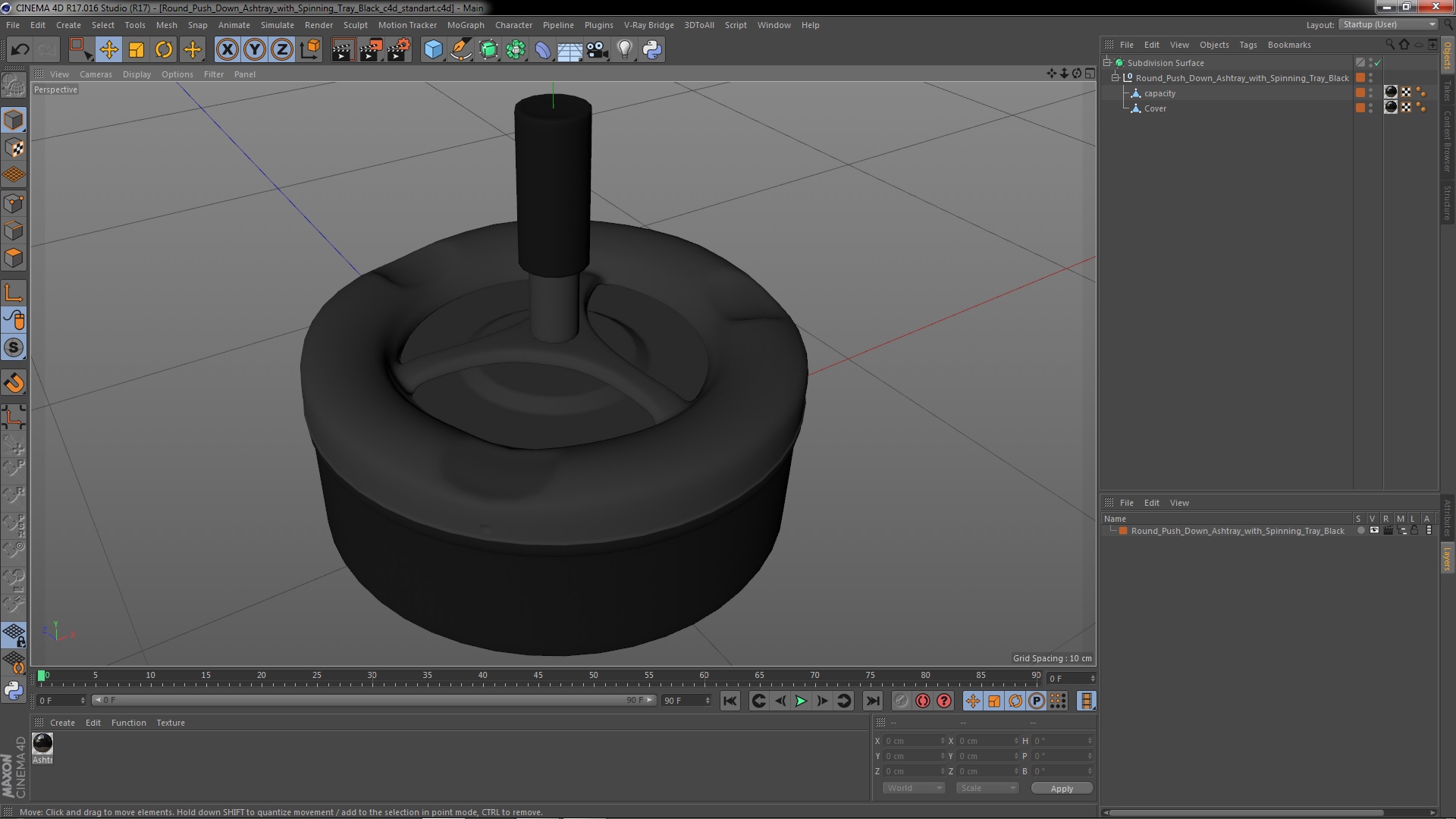 3D Round Push Down Ashtray with Spinning Tray Black model