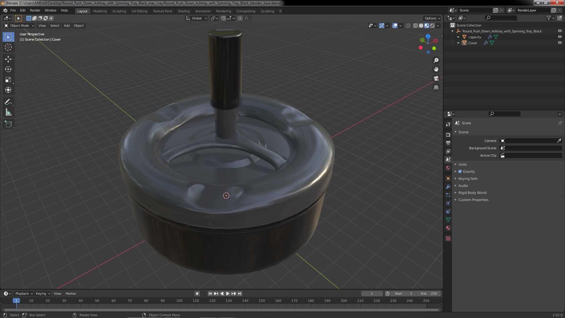 3D Round Push Down Ashtray with Spinning Tray Black model