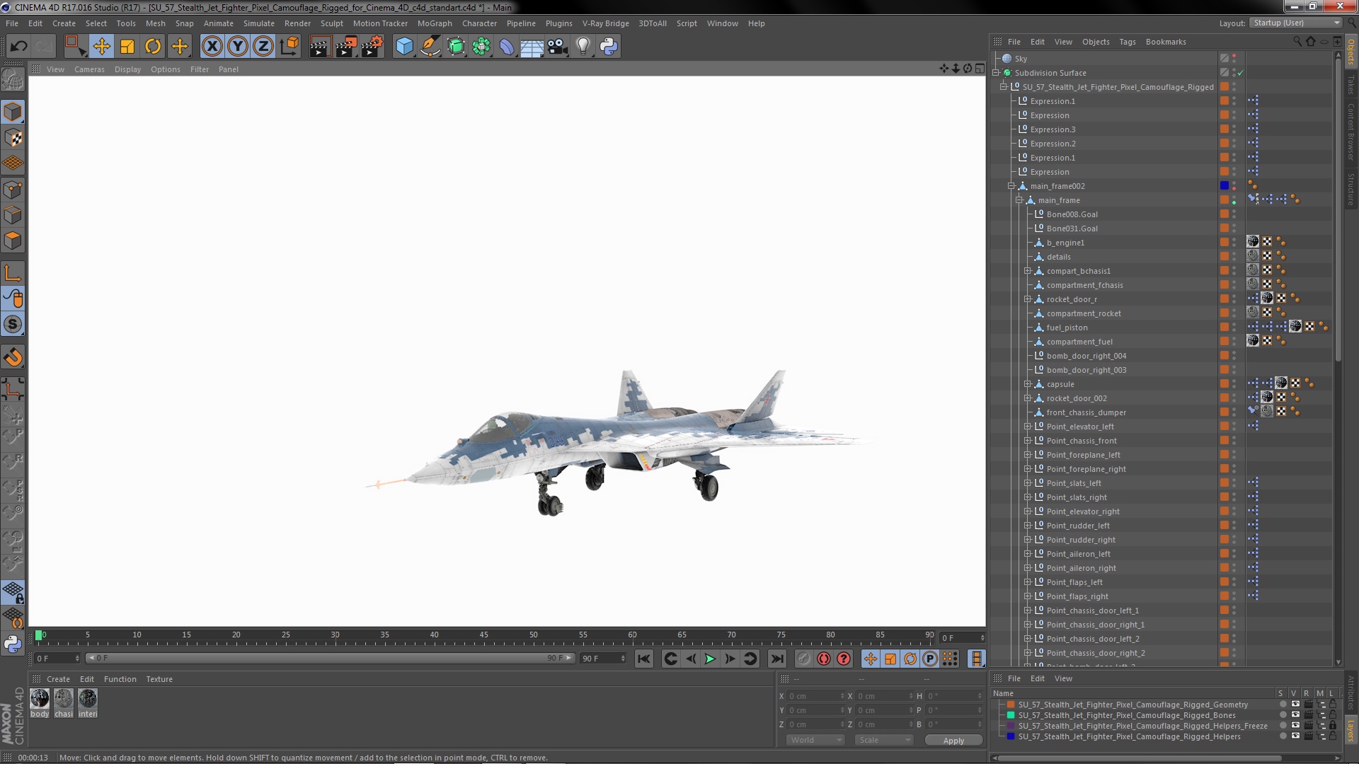 3D SU 57 Stealth Jet Fighter Pixel Camouflage Rigged for Cinema 4D model