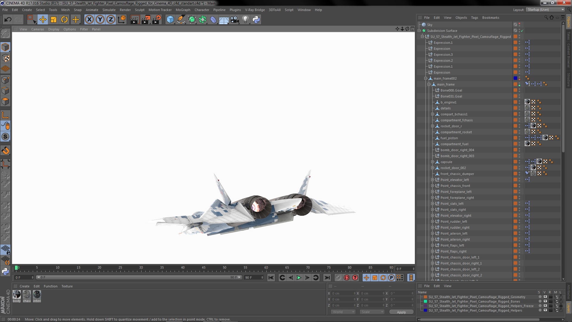 3D SU 57 Stealth Jet Fighter Pixel Camouflage Rigged for Cinema 4D model
