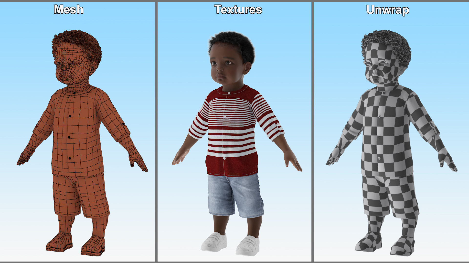 3D Black Baby Boy Outdoor in Summer Outfit A-Pose