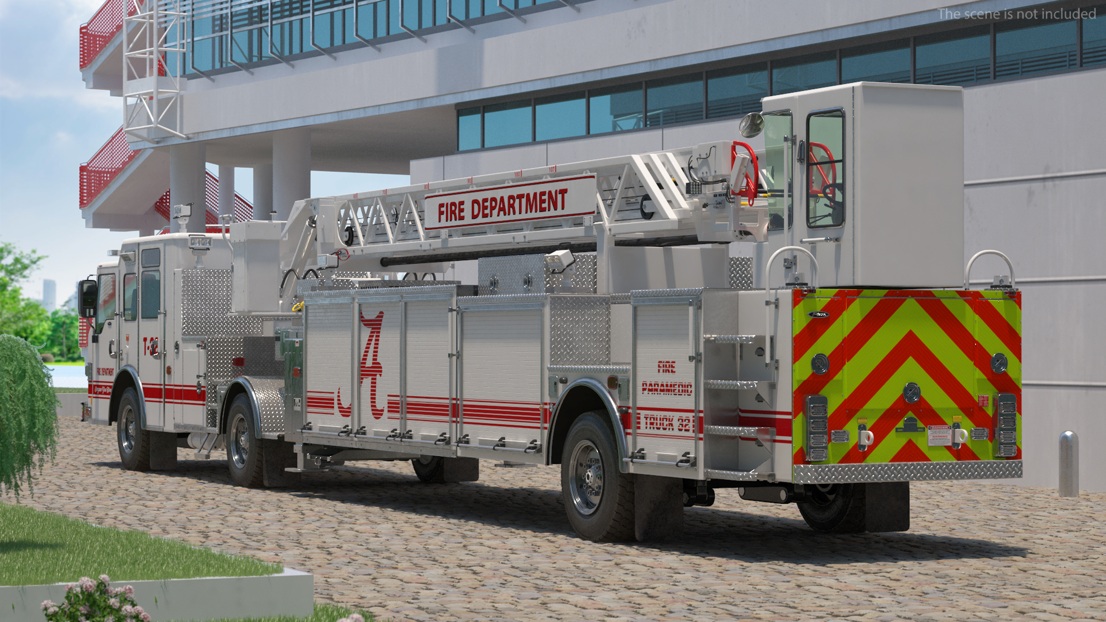 3D White Velocity Ascendant Heavy Duty Tiller Aerial Ladder Rigged model