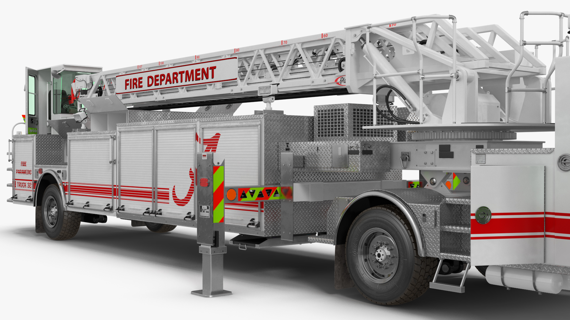 3D White Velocity Ascendant Heavy Duty Tiller Aerial Ladder Rigged model