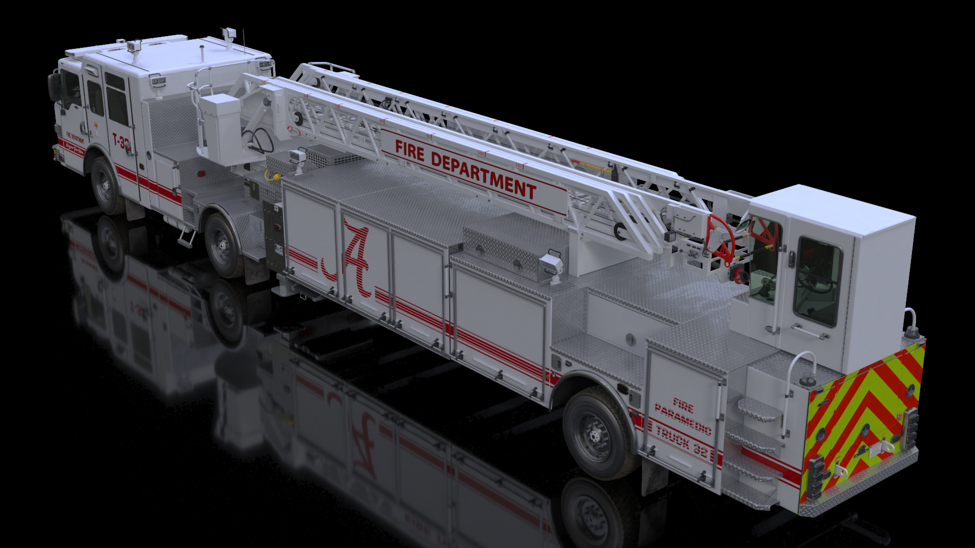 3D White Velocity Ascendant Heavy Duty Tiller Aerial Ladder Rigged model