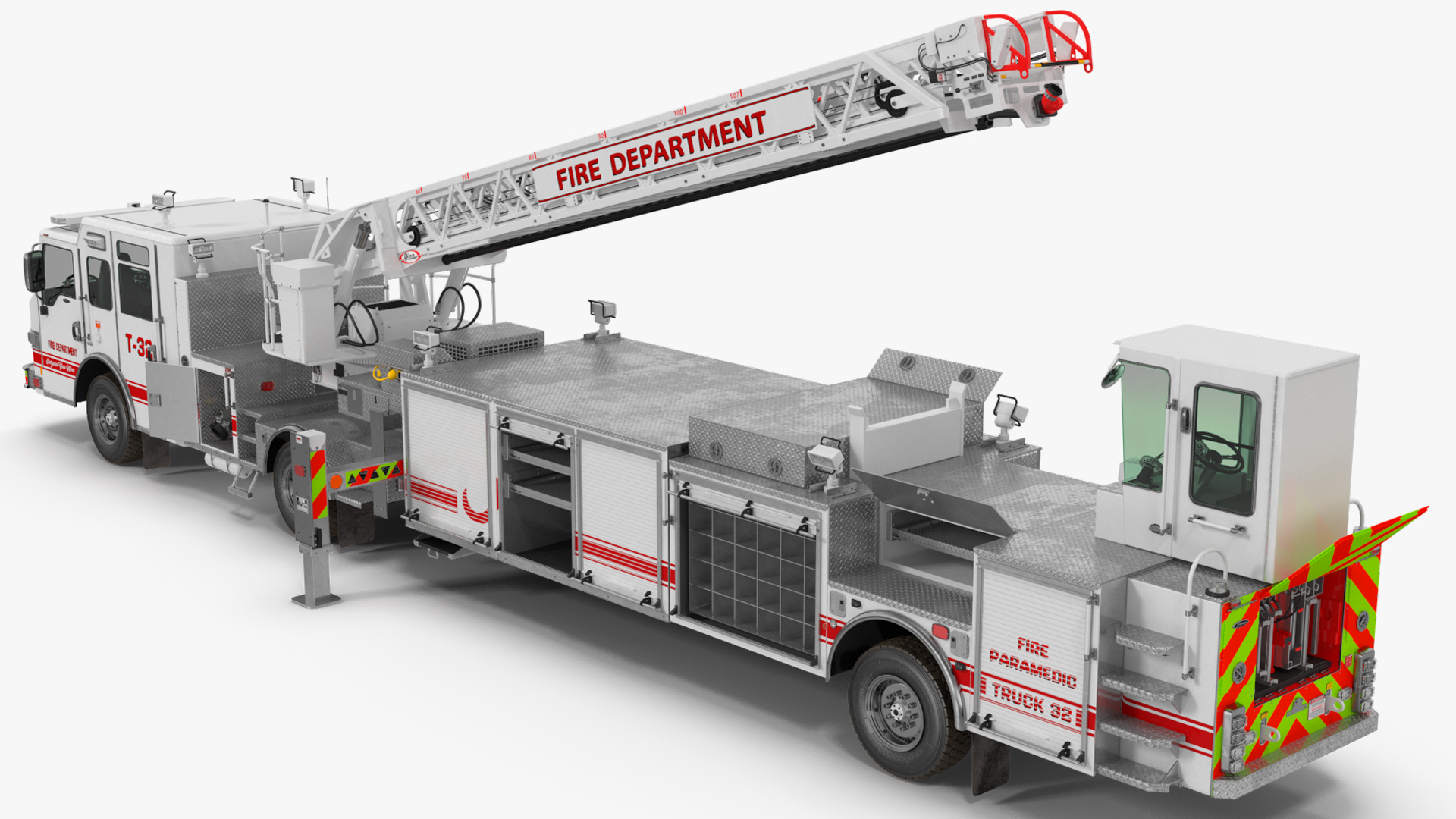 3D White Velocity Ascendant Heavy Duty Tiller Aerial Ladder Rigged model