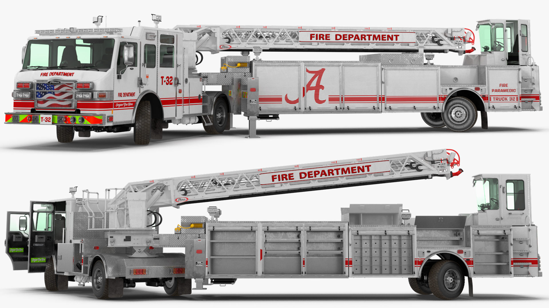 3D White Velocity Ascendant Heavy Duty Tiller Aerial Ladder Rigged model