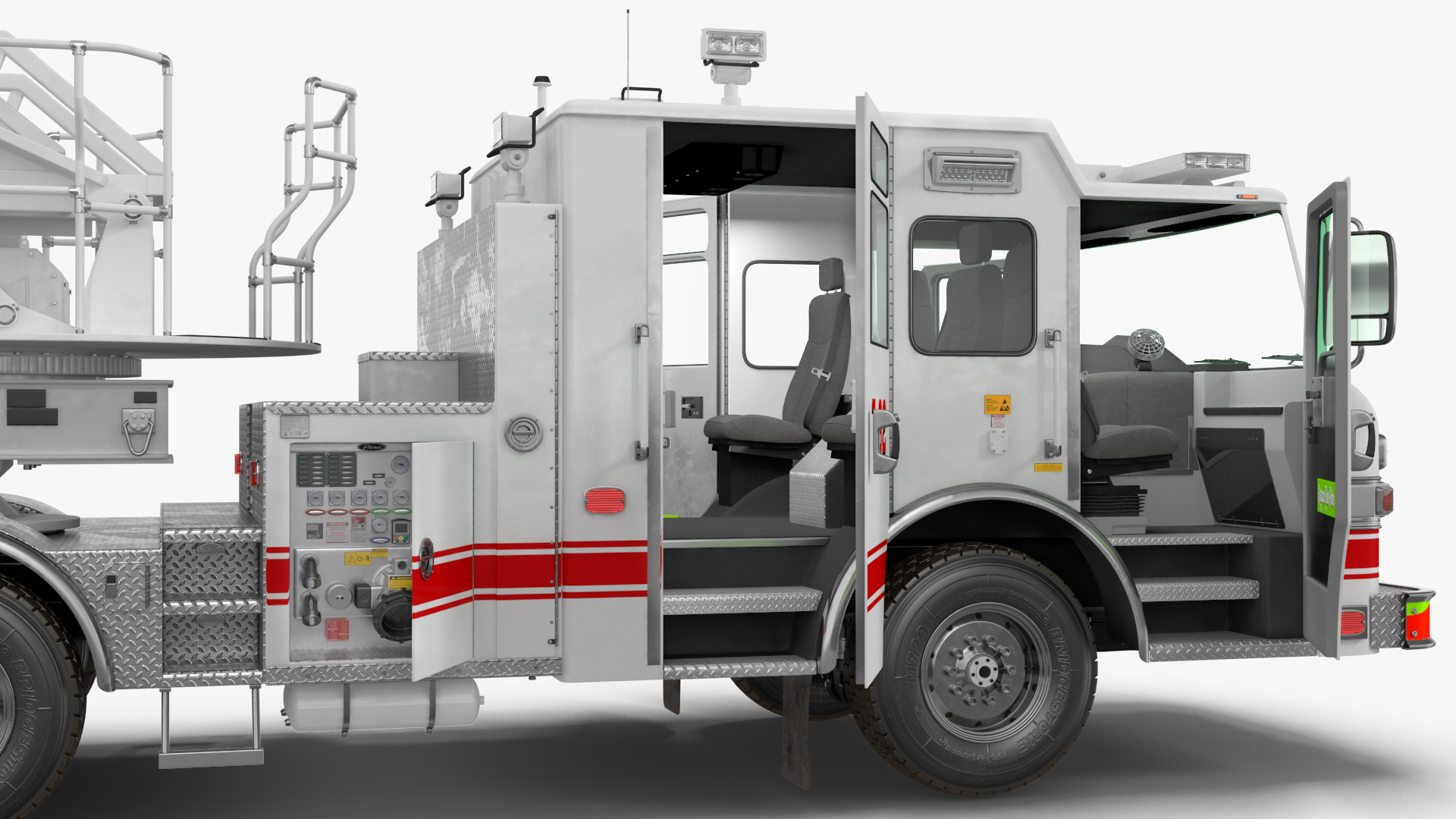 3D White Velocity Ascendant Heavy Duty Tiller Aerial Ladder Rigged model