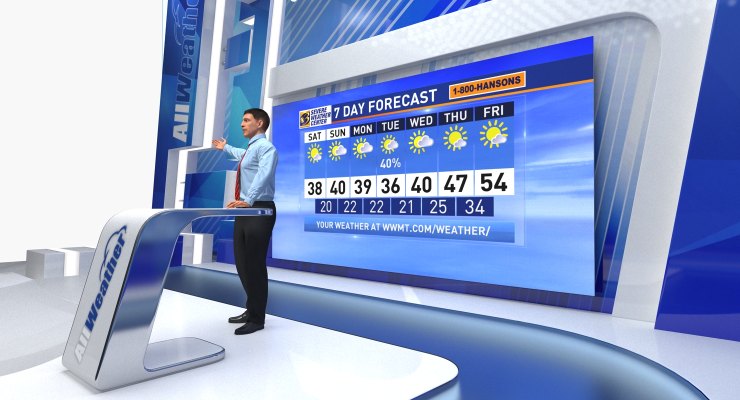 3D Weather Studio TV with Cameras and Presenter Rigged