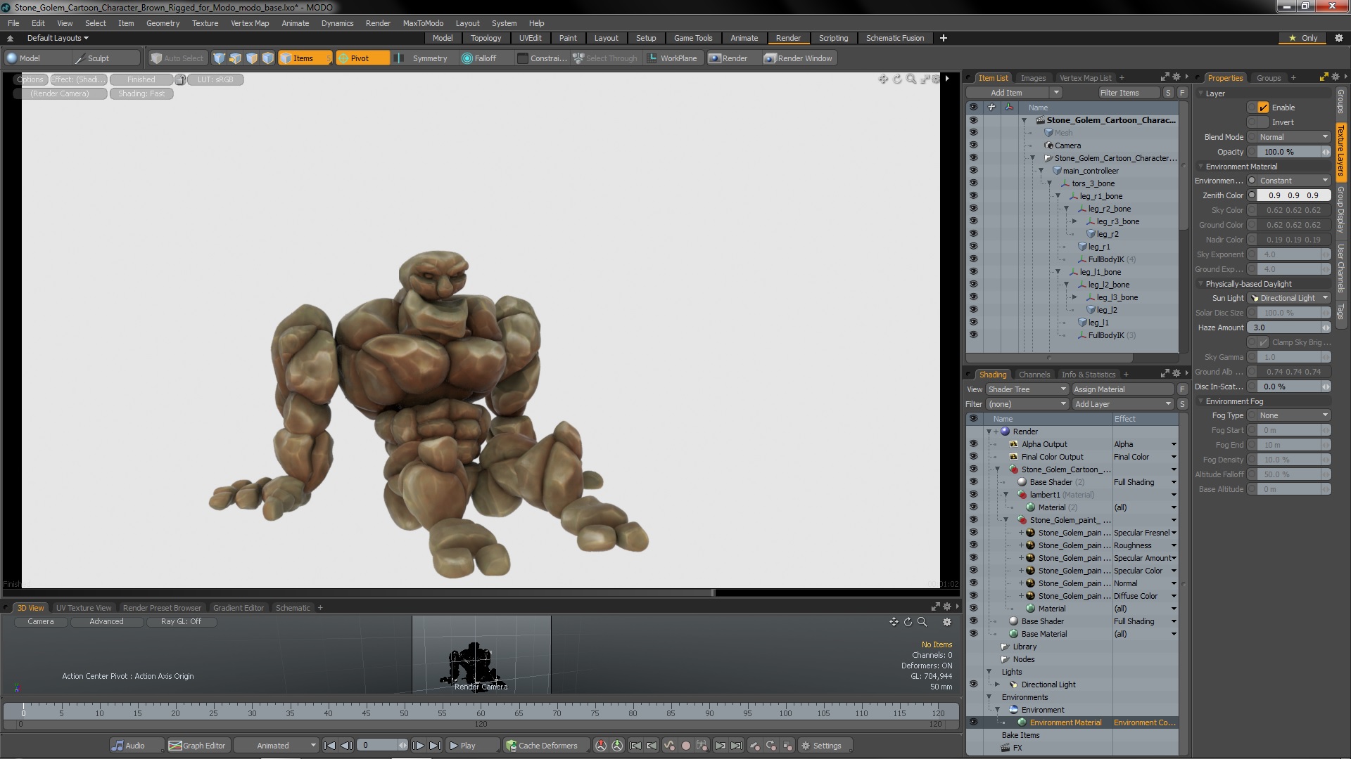 3D Stone Golem Cartoon Character Brown Rigged for Modo