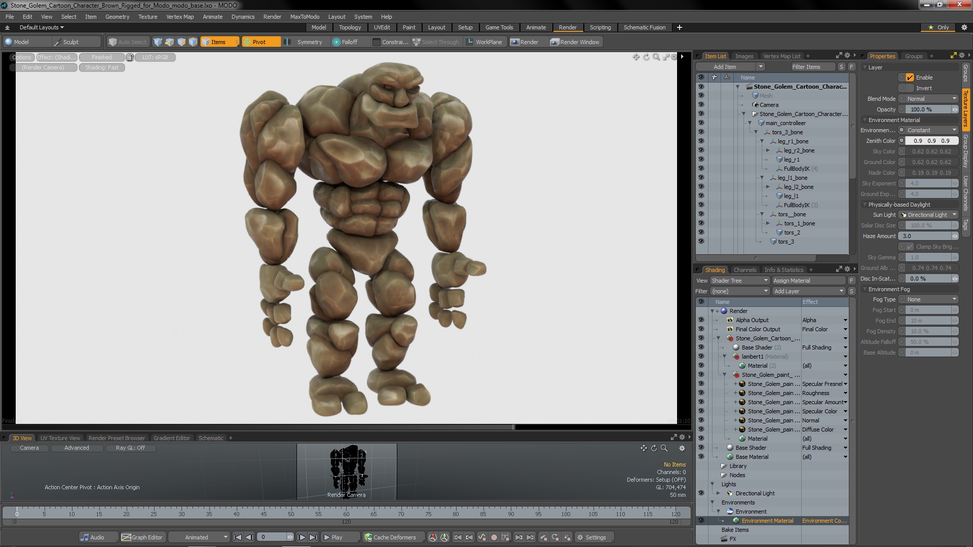 3D Stone Golem Cartoon Character Brown Rigged for Modo