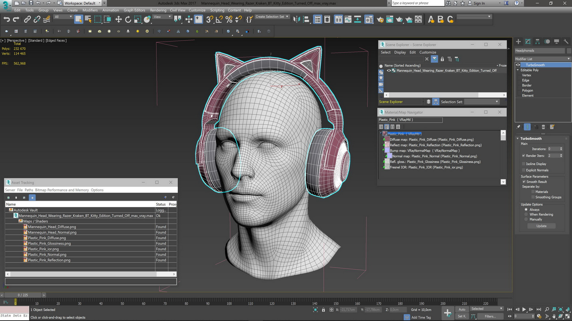3D Mannequin Head Wearing Razer Kraken BT Kitty Edition Turned Off model