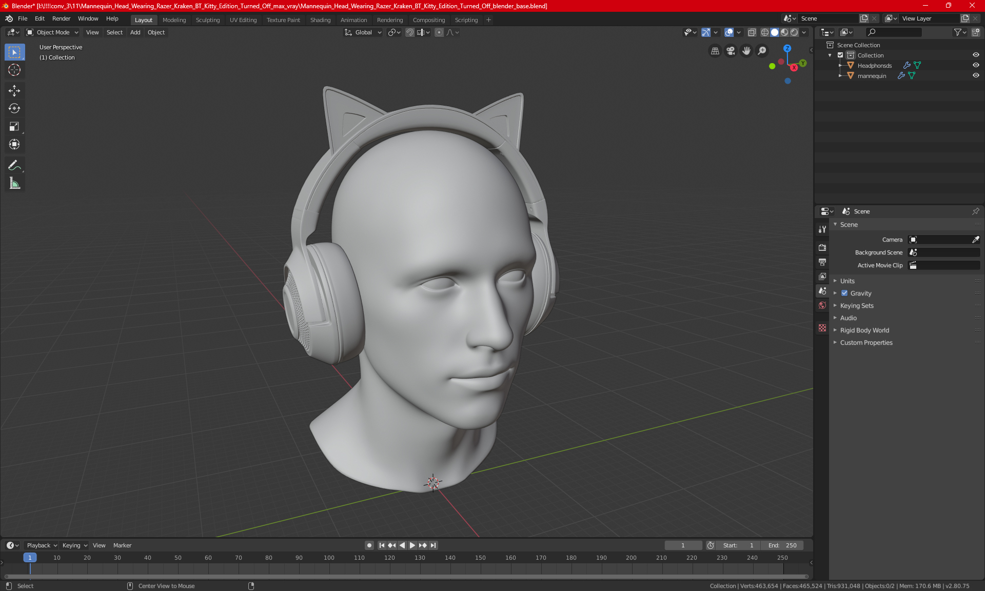 3D Mannequin Head Wearing Razer Kraken BT Kitty Edition Turned Off model