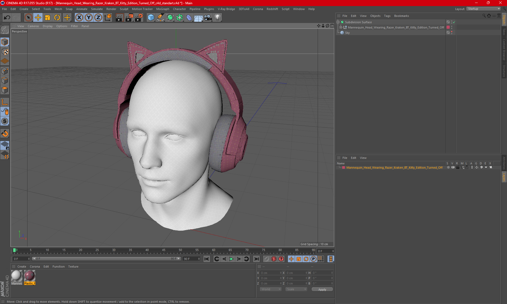 3D Mannequin Head Wearing Razer Kraken BT Kitty Edition Turned Off model