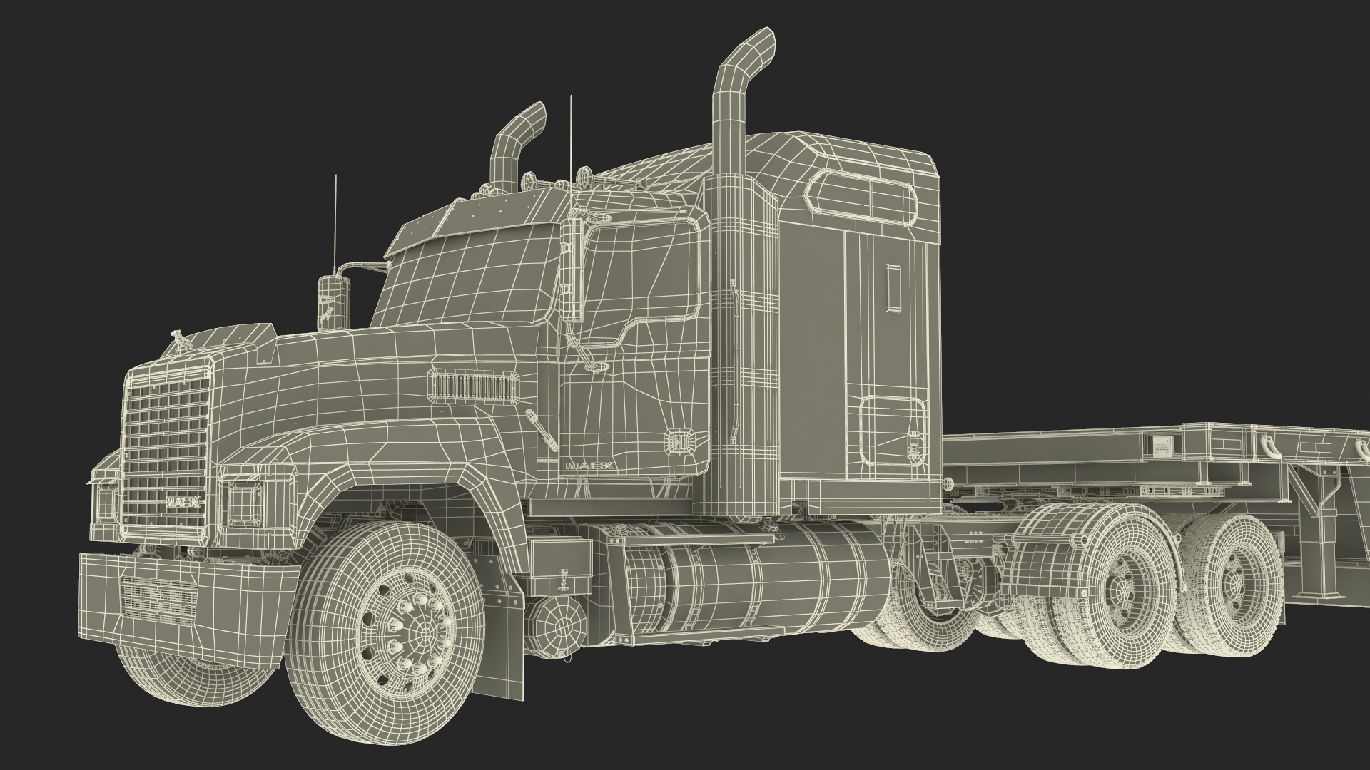 3D model Mack CHU613 Truck with Flatbed Semi Trailer Rigged