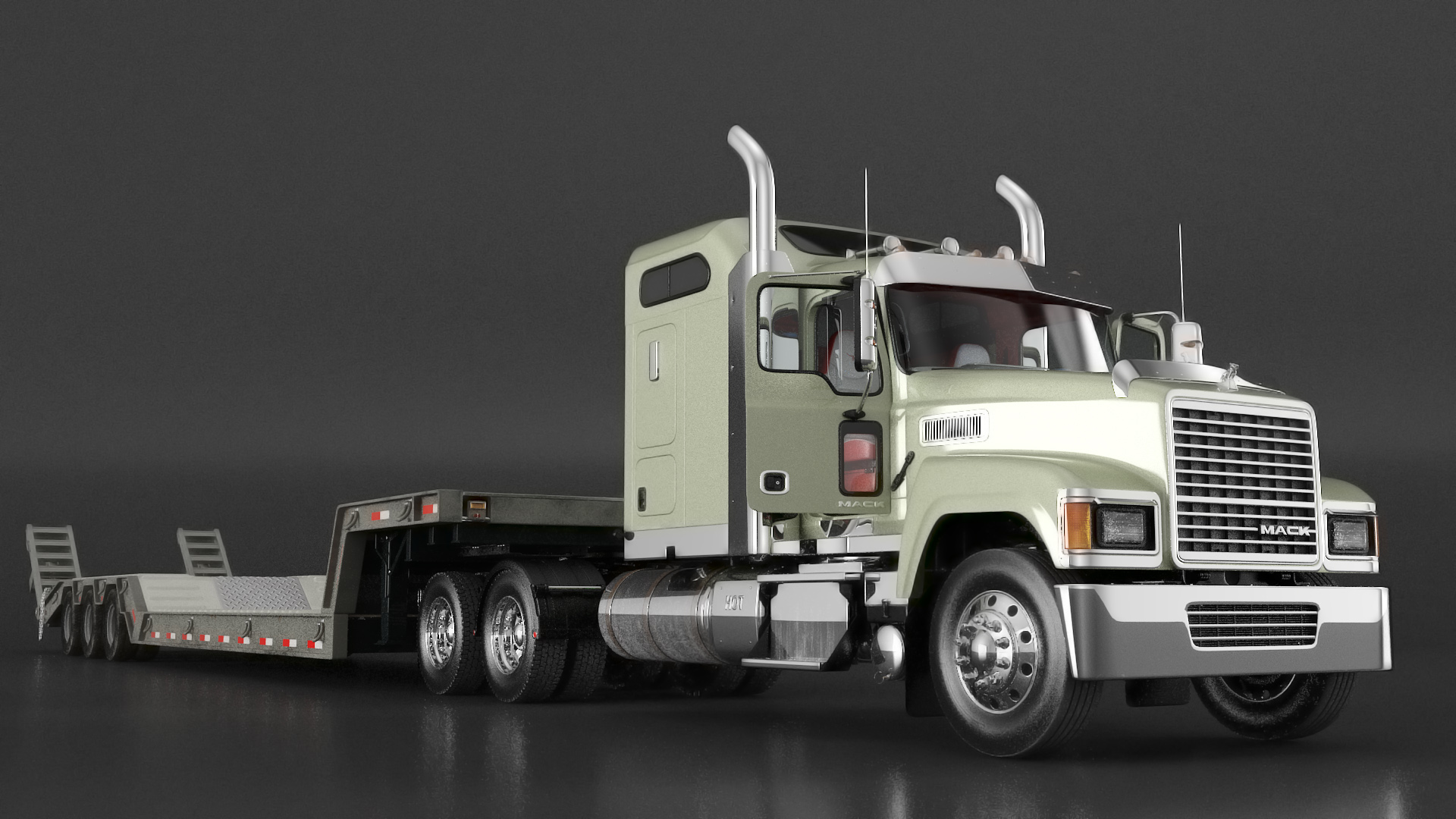 3D model Mack CHU613 Truck with Flatbed Semi Trailer Rigged