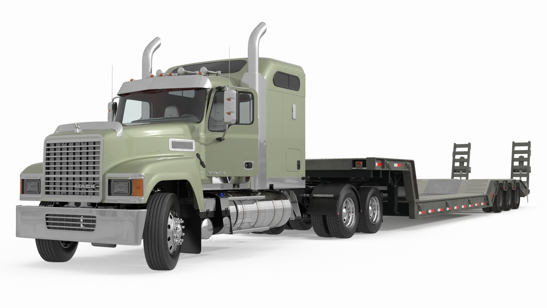 3D model Mack CHU613 Truck with Flatbed Semi Trailer Rigged