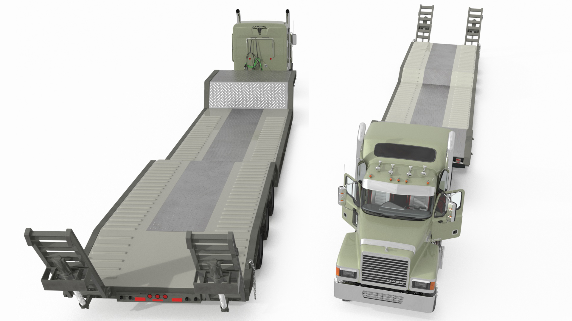3D model Mack CHU613 Truck with Flatbed Semi Trailer Rigged