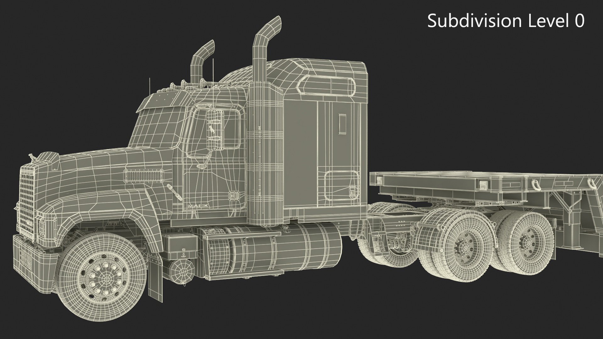 3D model Mack CHU613 Truck with Flatbed Semi Trailer Rigged