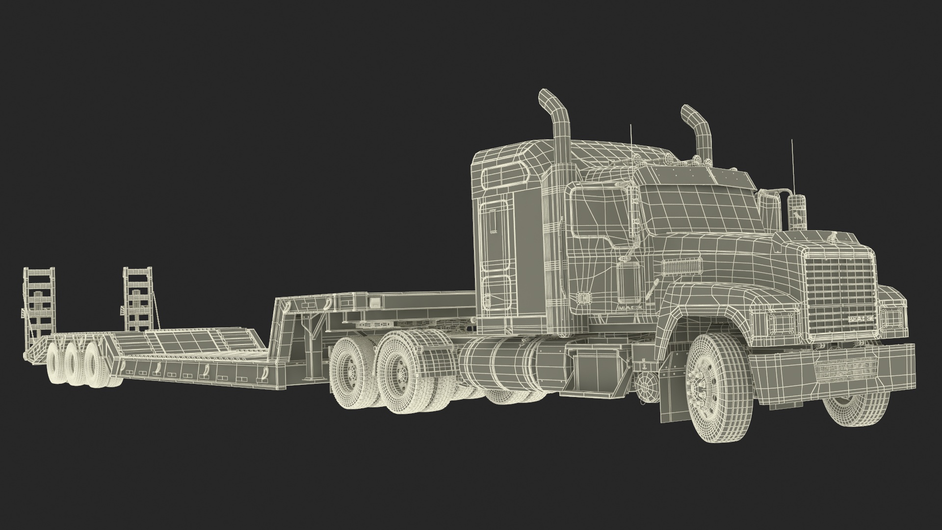 3D model Mack CHU613 Truck with Flatbed Semi Trailer Rigged