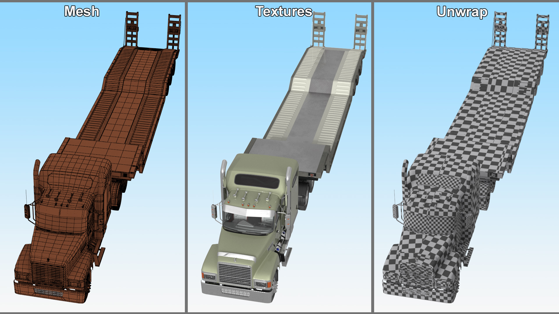 3D model Mack CHU613 Truck with Flatbed Semi Trailer Rigged