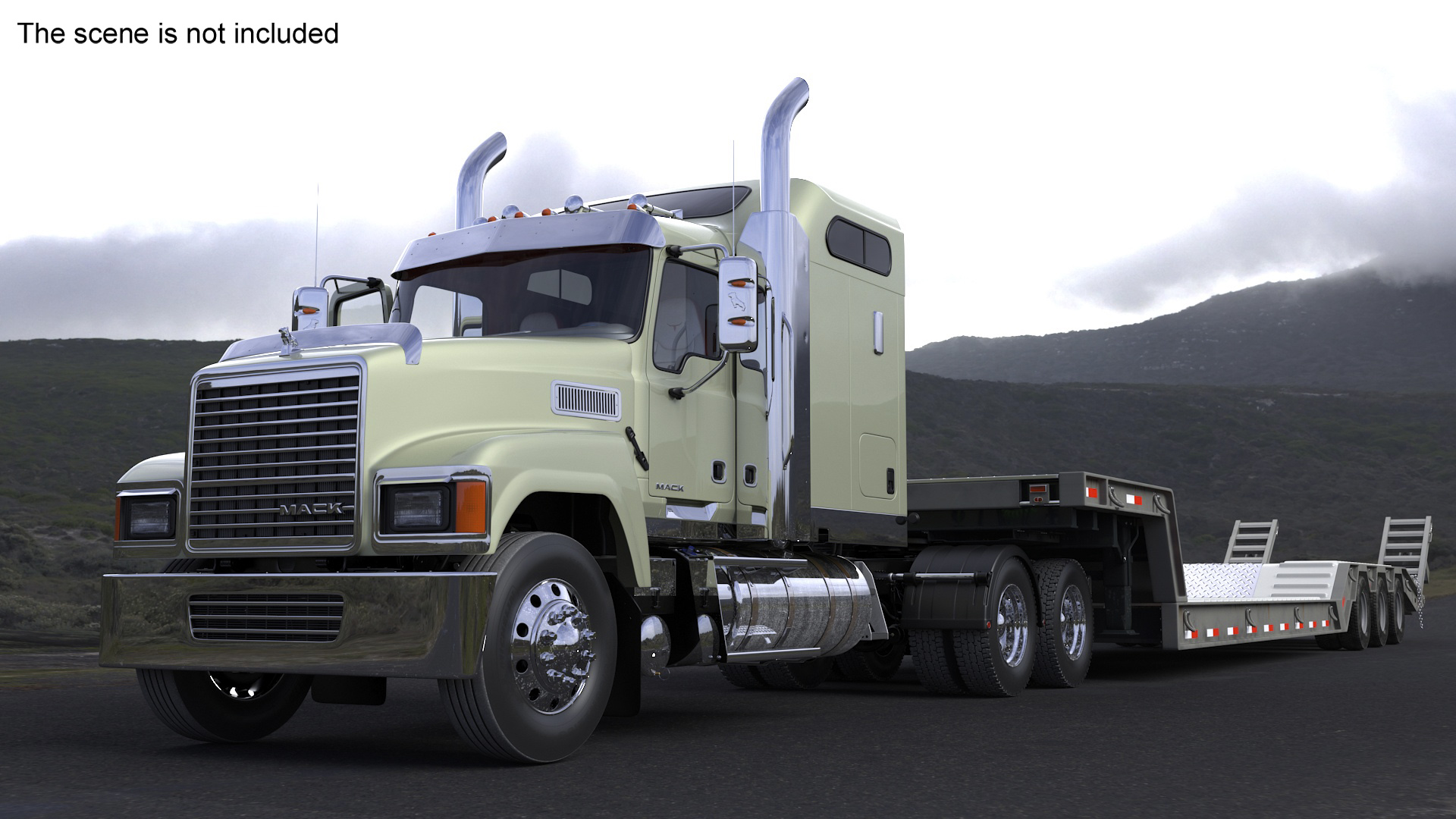 3D model Mack CHU613 Truck with Flatbed Semi Trailer Rigged