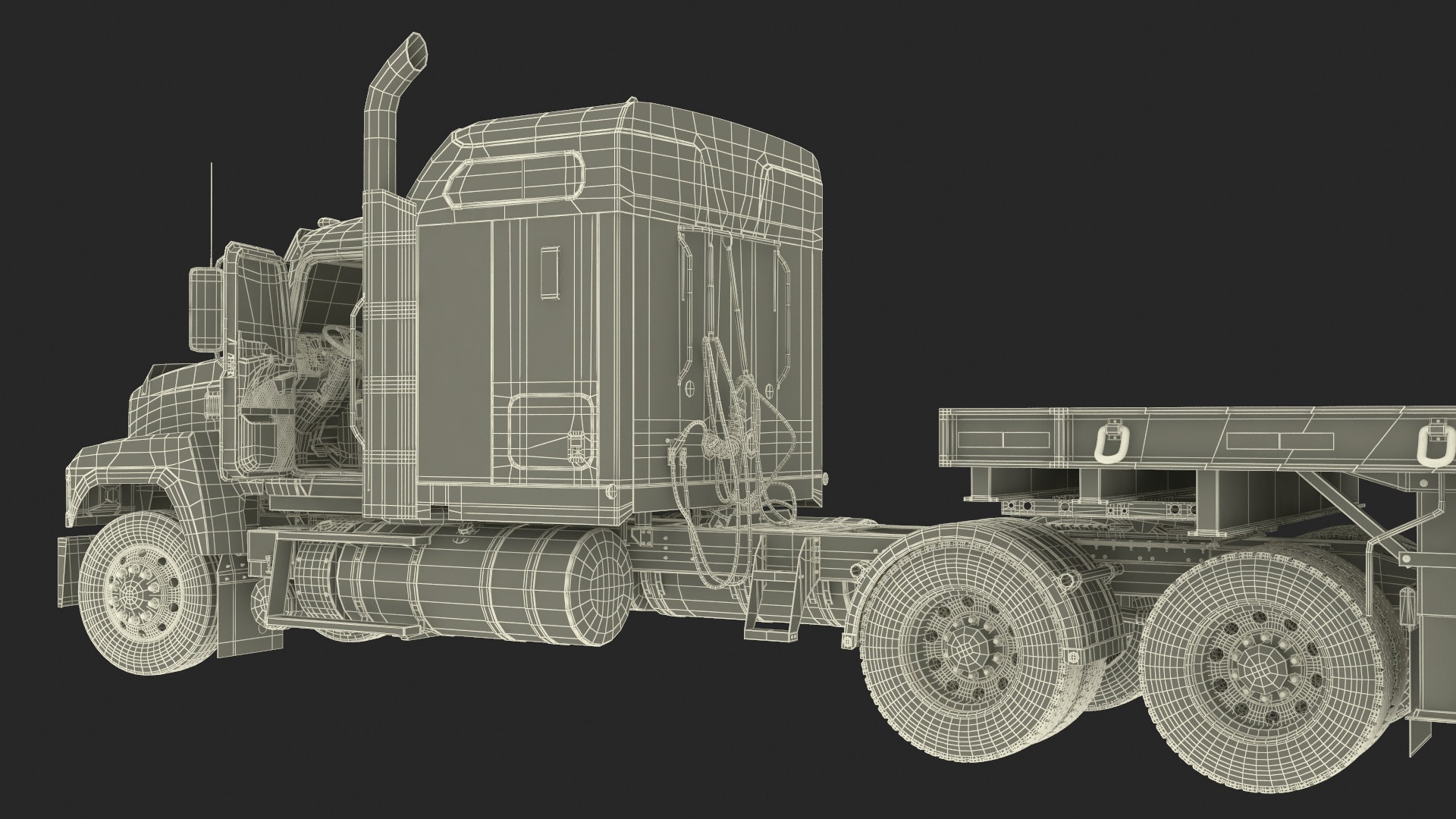 3D model Mack CHU613 Truck with Flatbed Semi Trailer Rigged