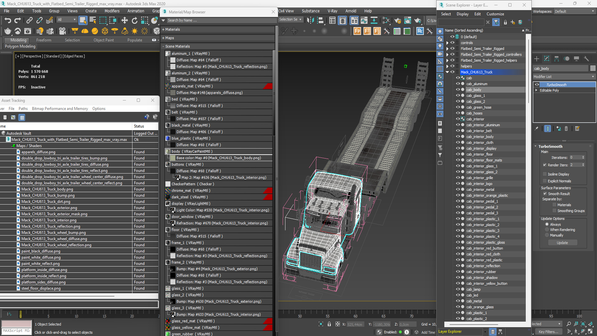 3D model Mack CHU613 Truck with Flatbed Semi Trailer Rigged