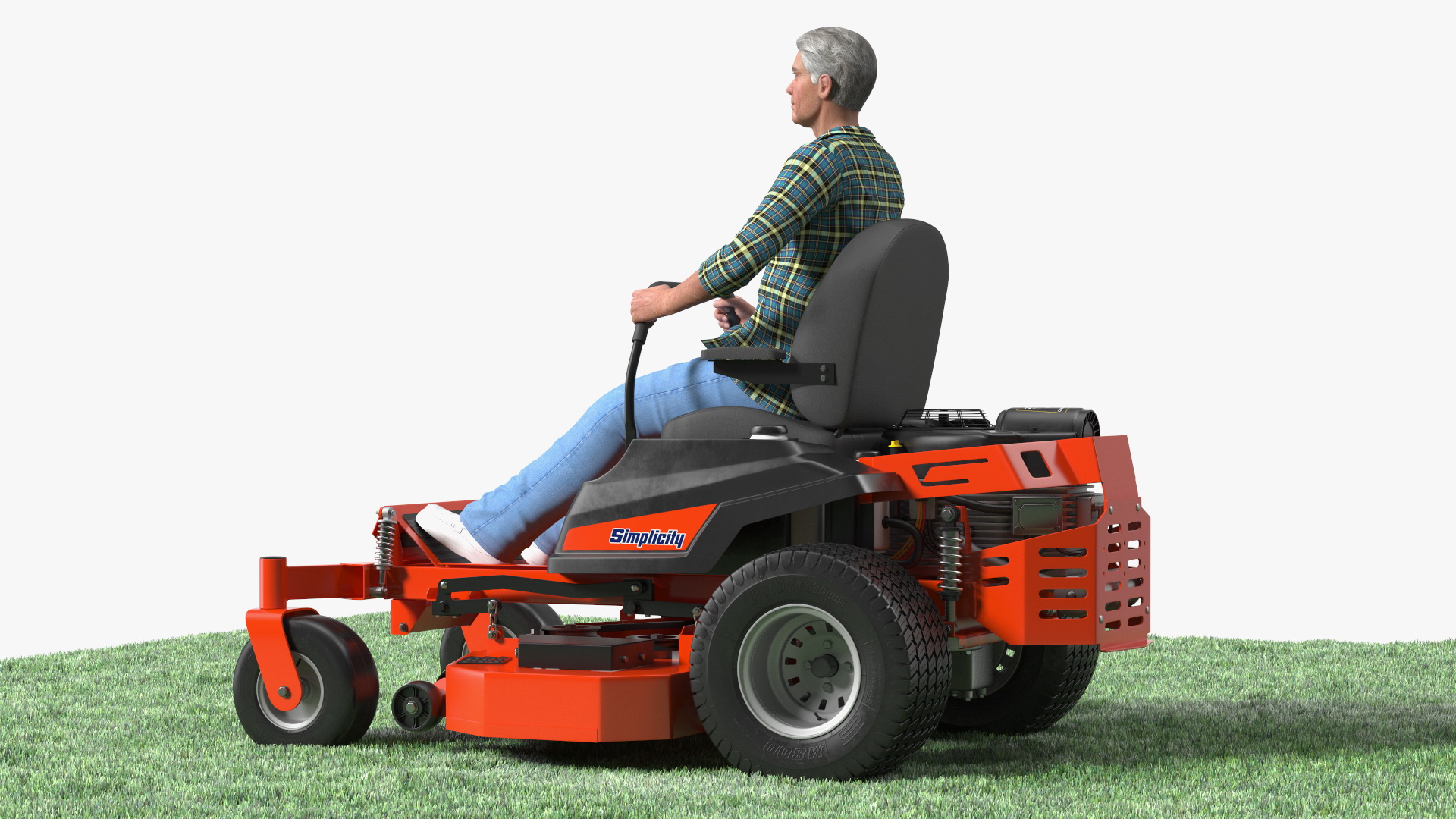 Elderly Man on Simplicity Lawn Mower Fur Rigged 3D