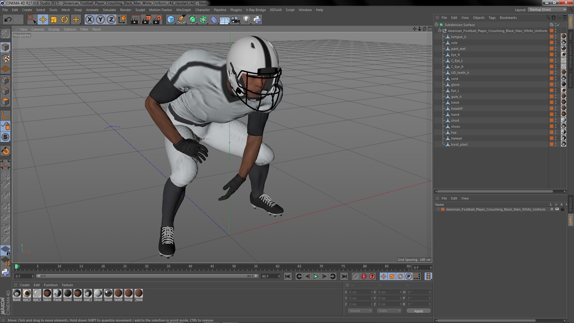 3D American Football Player Crouching Black Man White Uniform model