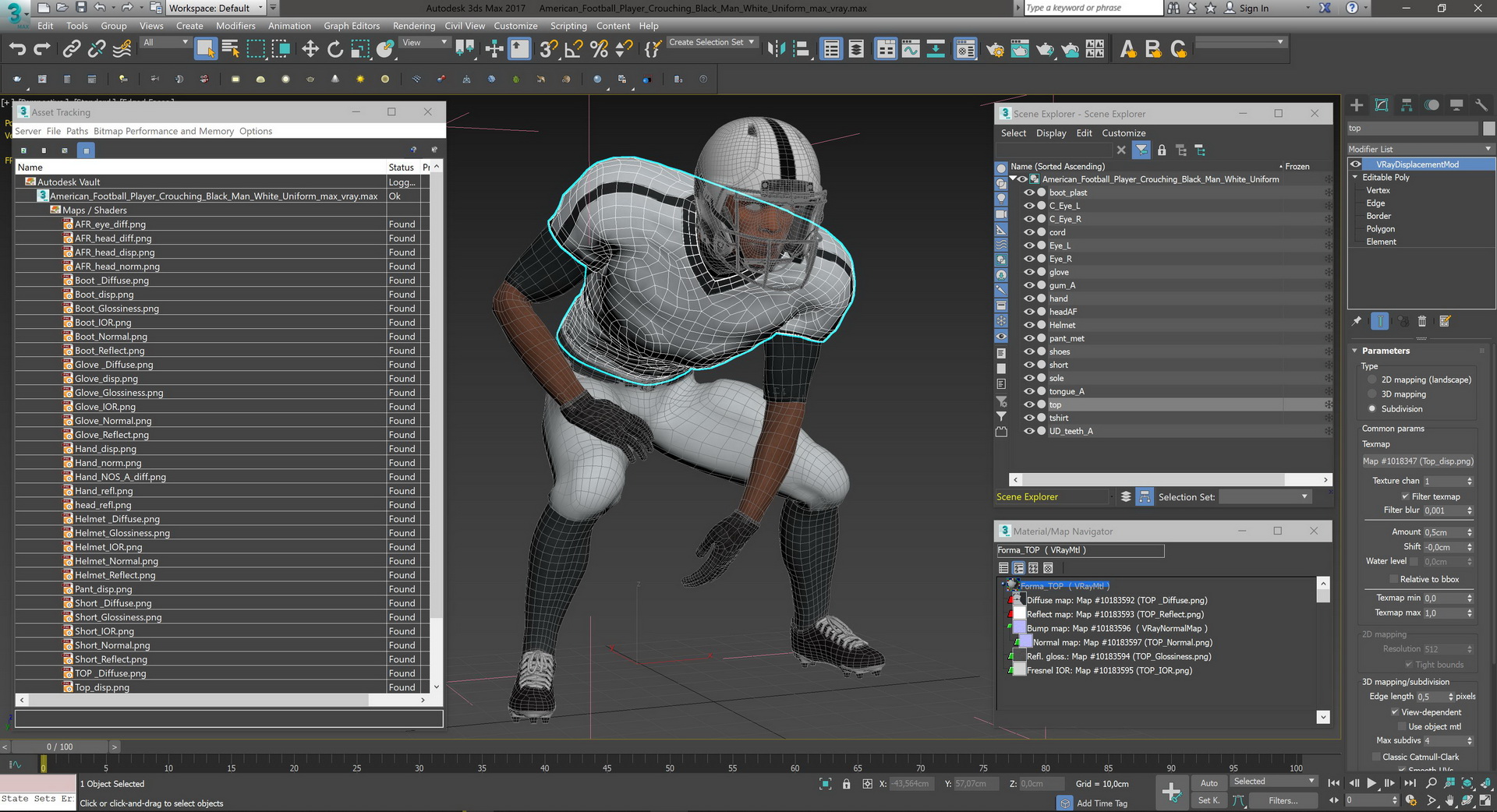 3D American Football Player Crouching Black Man White Uniform model