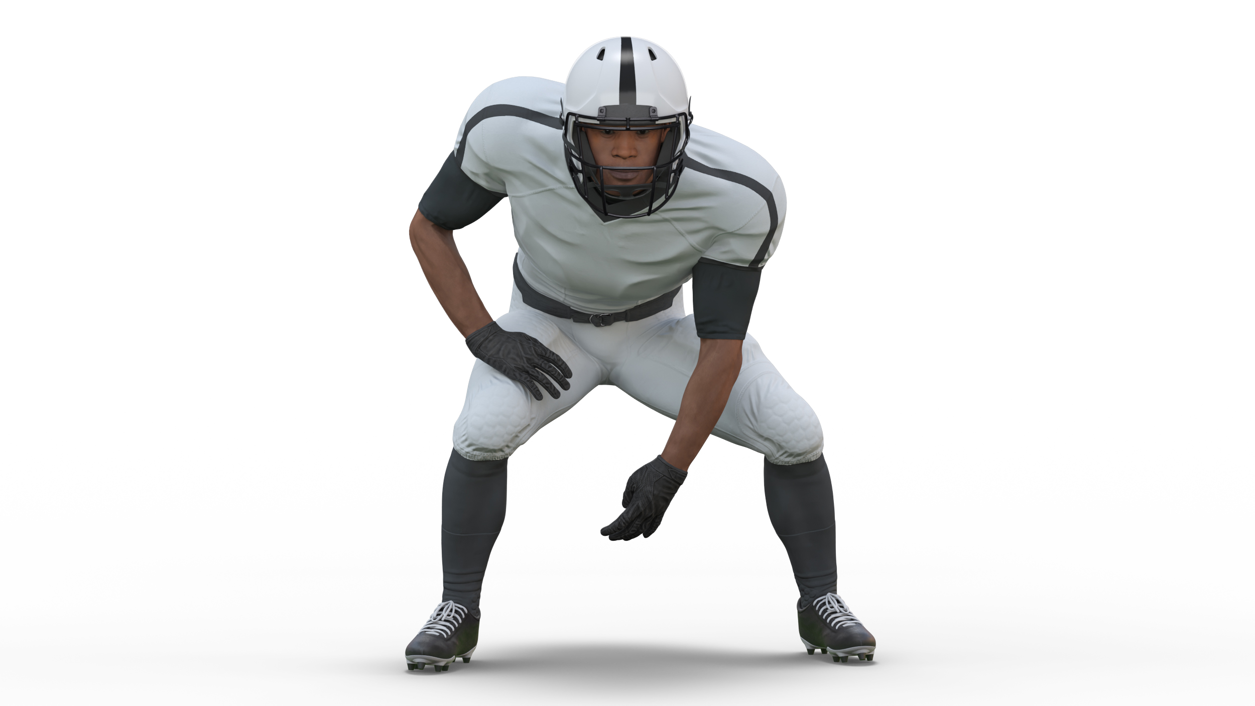 3D American Football Player Crouching Black Man White Uniform model