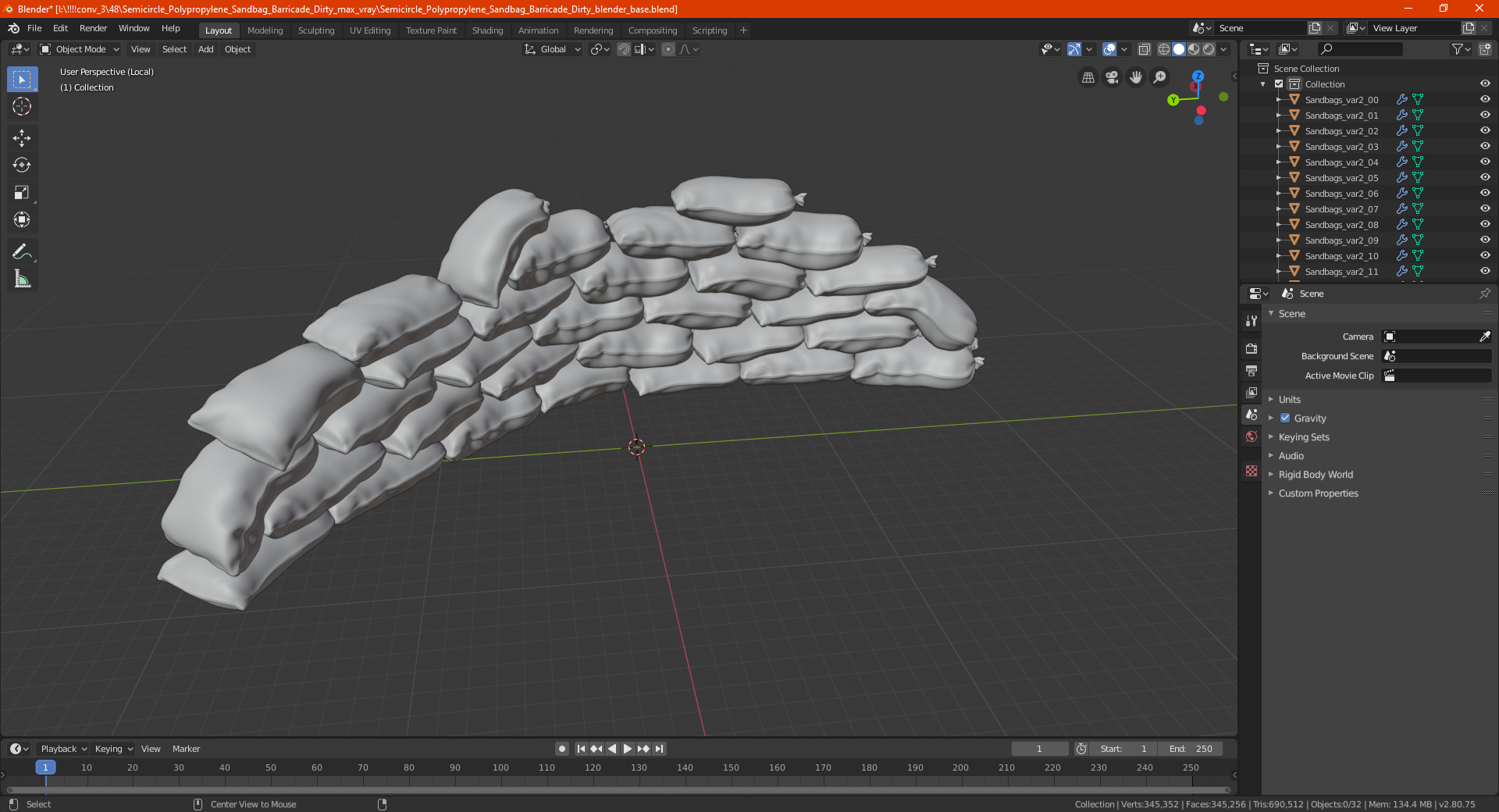 3D Semicircle Sandbag Wall model