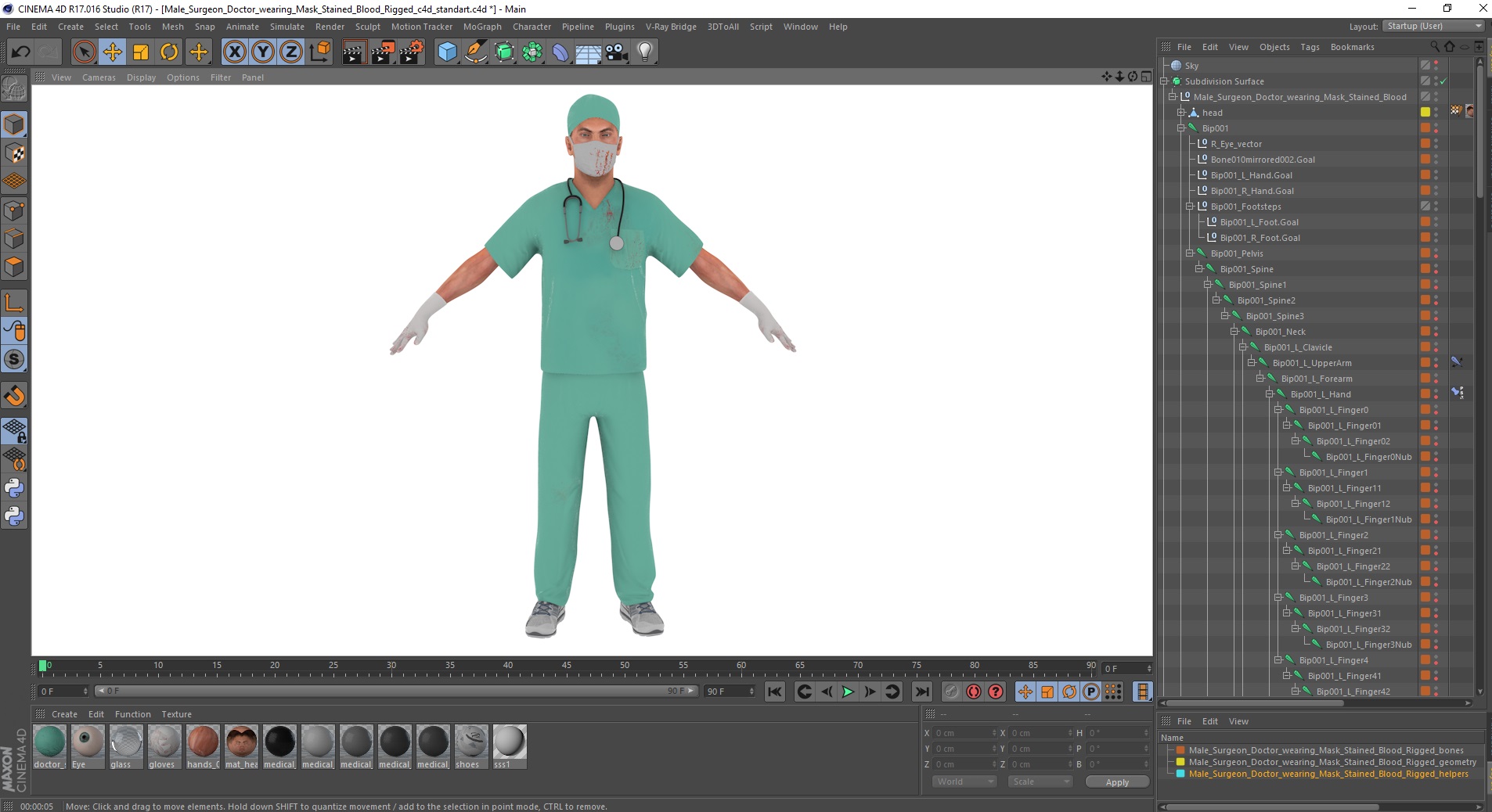 Male Surgeon Doctor wearing Mask Stained Blood Rigged for Cinema 4D 3D